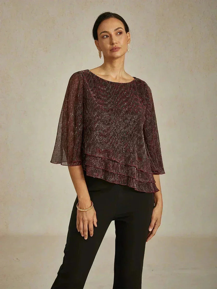 Asymmetrical Layered Shirt in Crinkled Metallic Chiffon