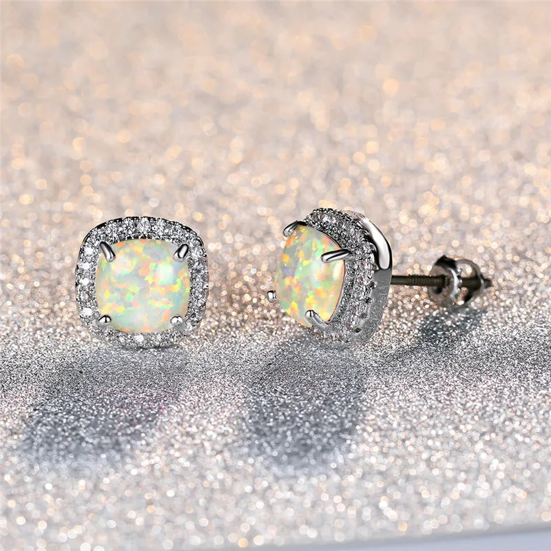 Elegant Silver Earrings with Round White Opal