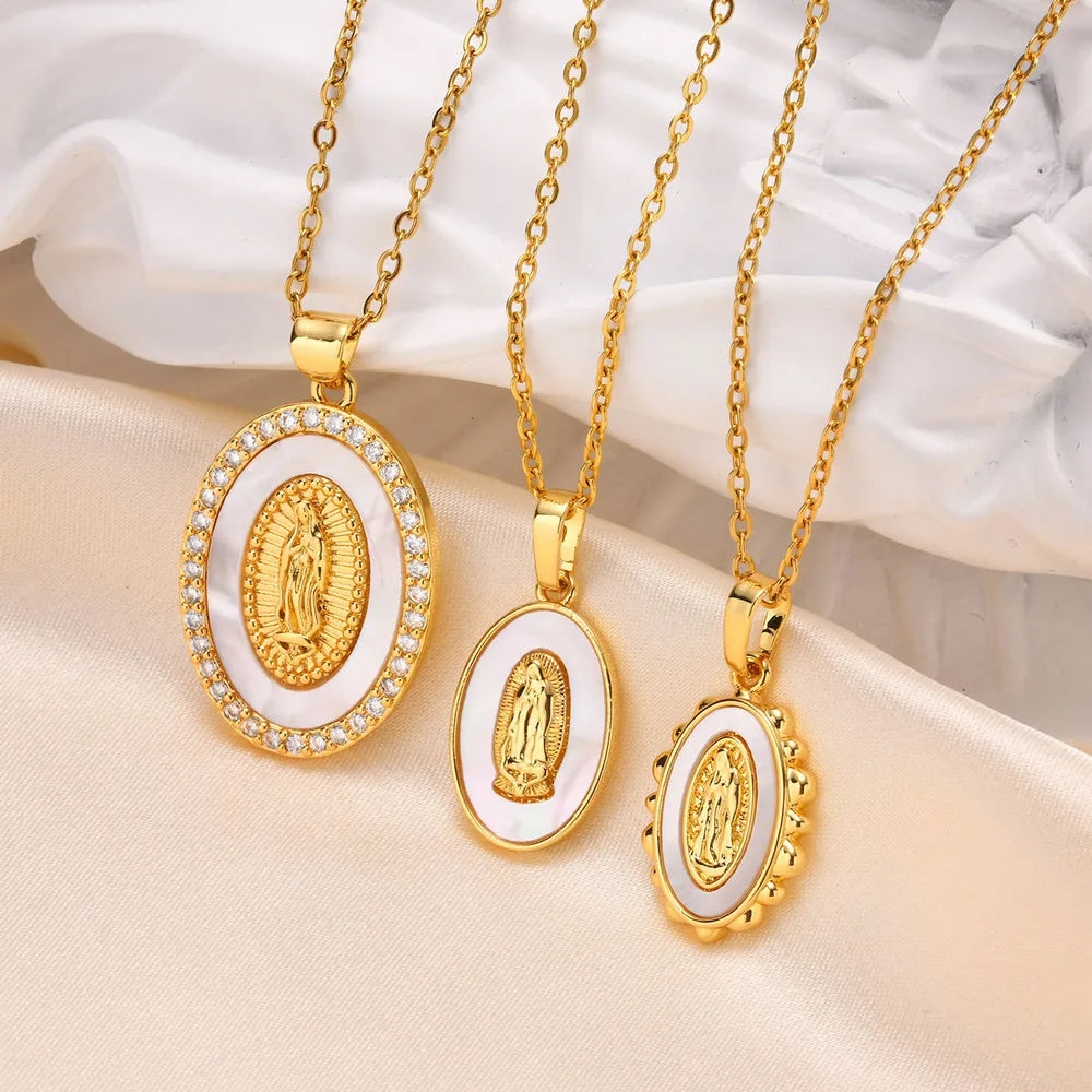 Gold Virgin Mary Oval Pendant Necklace