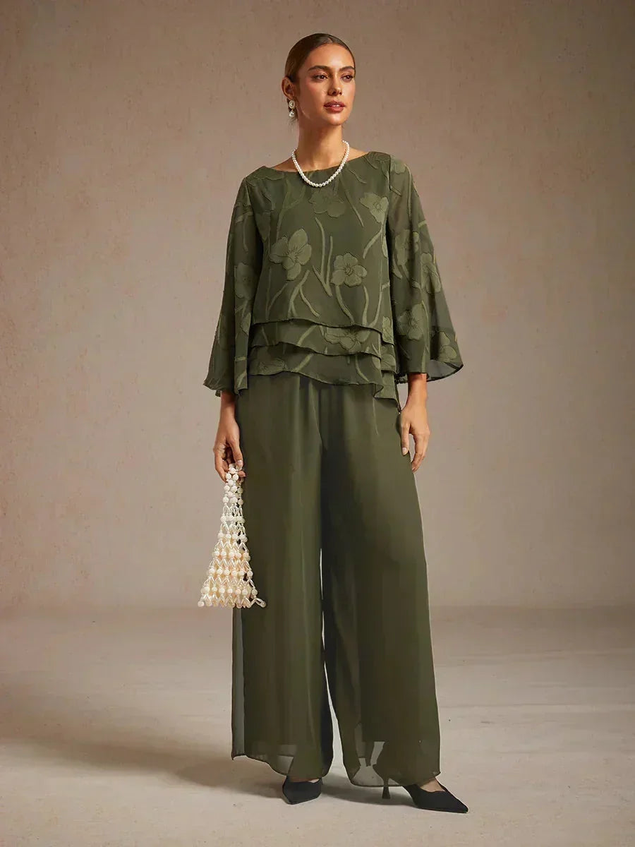 Straight Leg Pants with Chiffon Layer and Cut