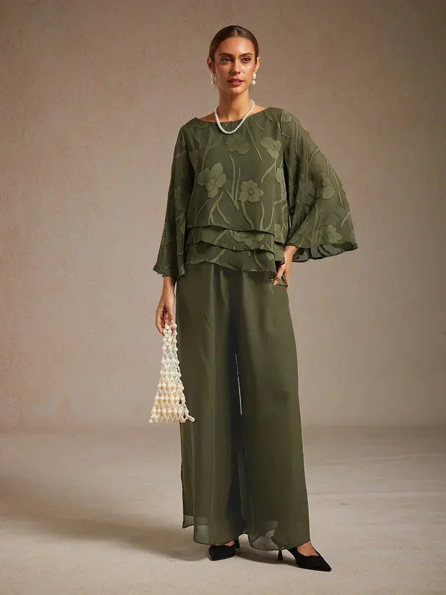 Straight Leg Pants with Chiffon Layer and Cut