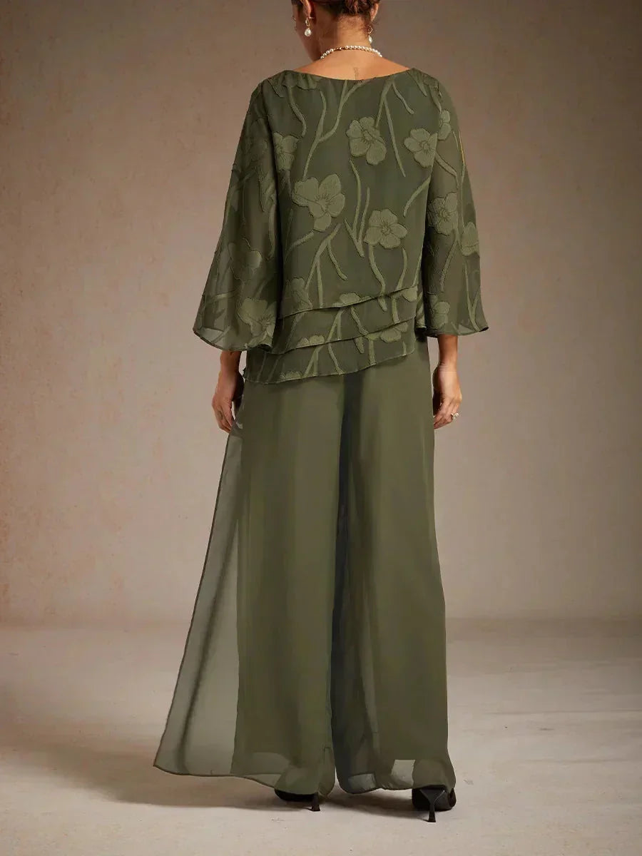 Straight Leg Pants with Chiffon Layer and Cut