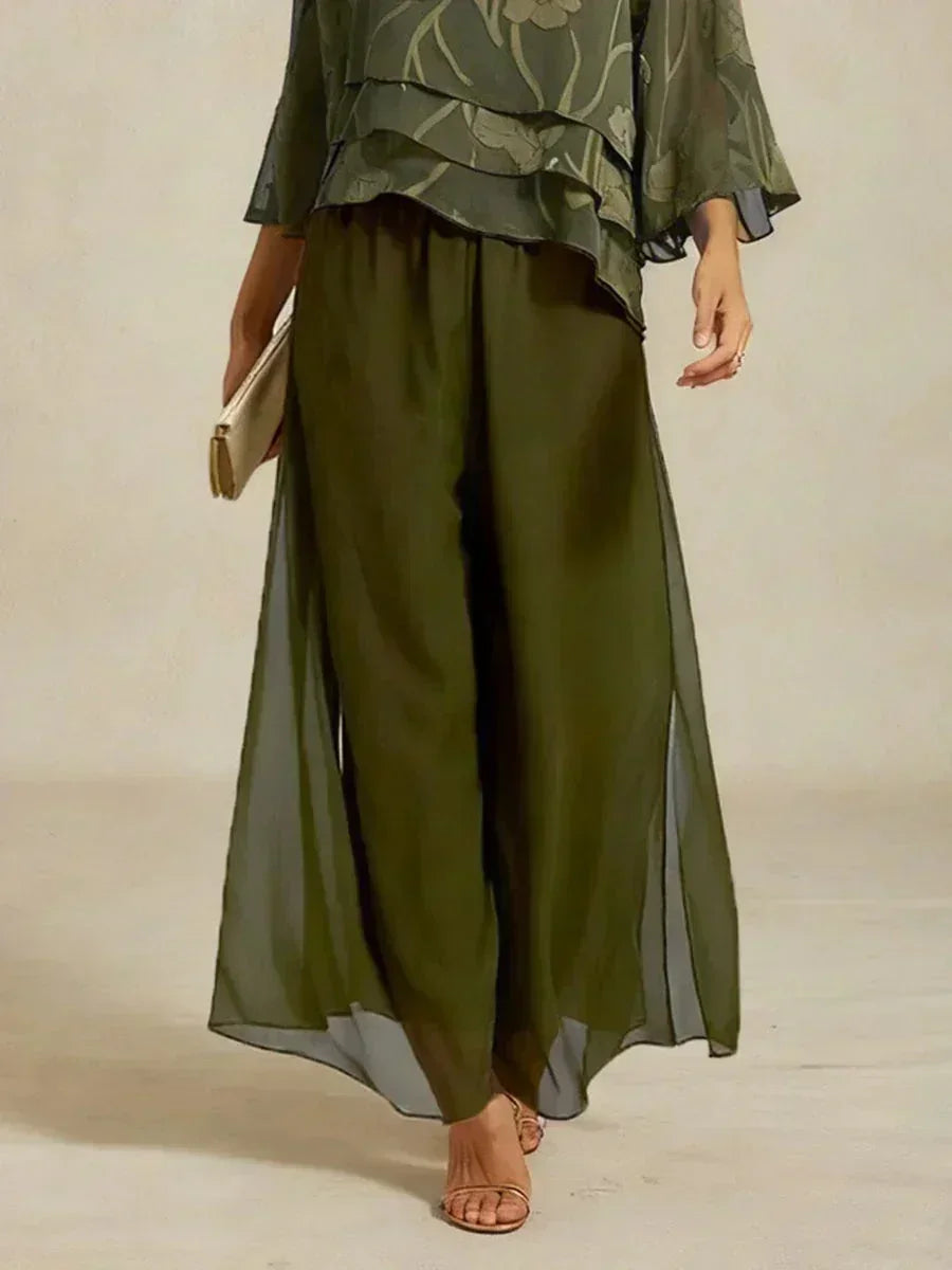 Straight Pants with Flowing Split Chiffon Layer