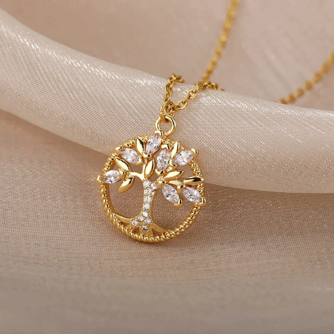 Bracelet with a Tree of Life Pendant in Gold with Crystals