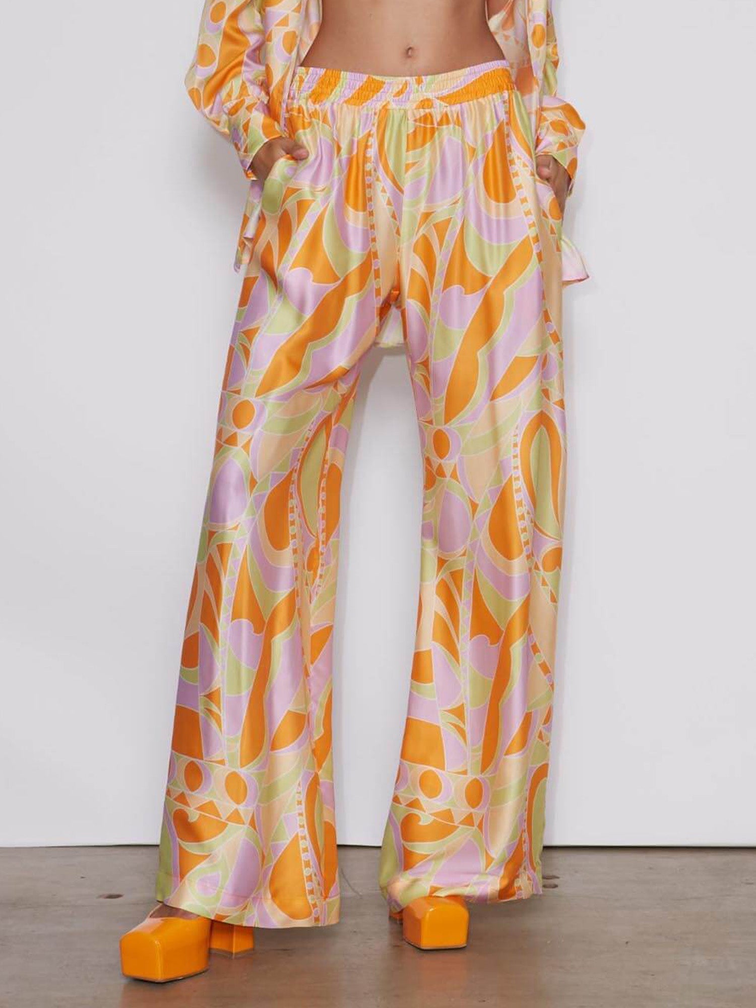 Wide Pants with Tropical Beach Graphic Print