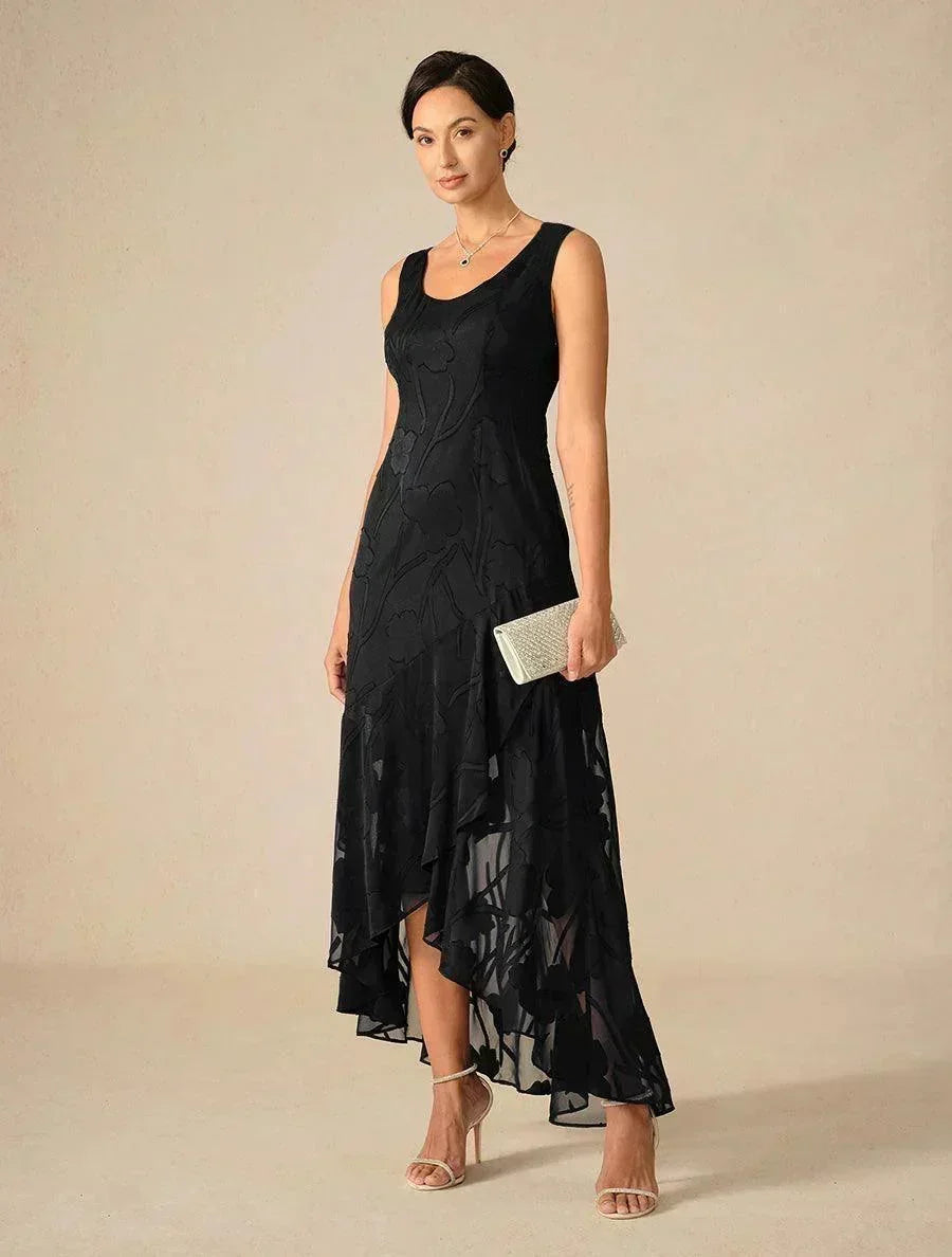 Sleeveless Evening Dresses in Floral Chiffon with Asymmetrical Hem