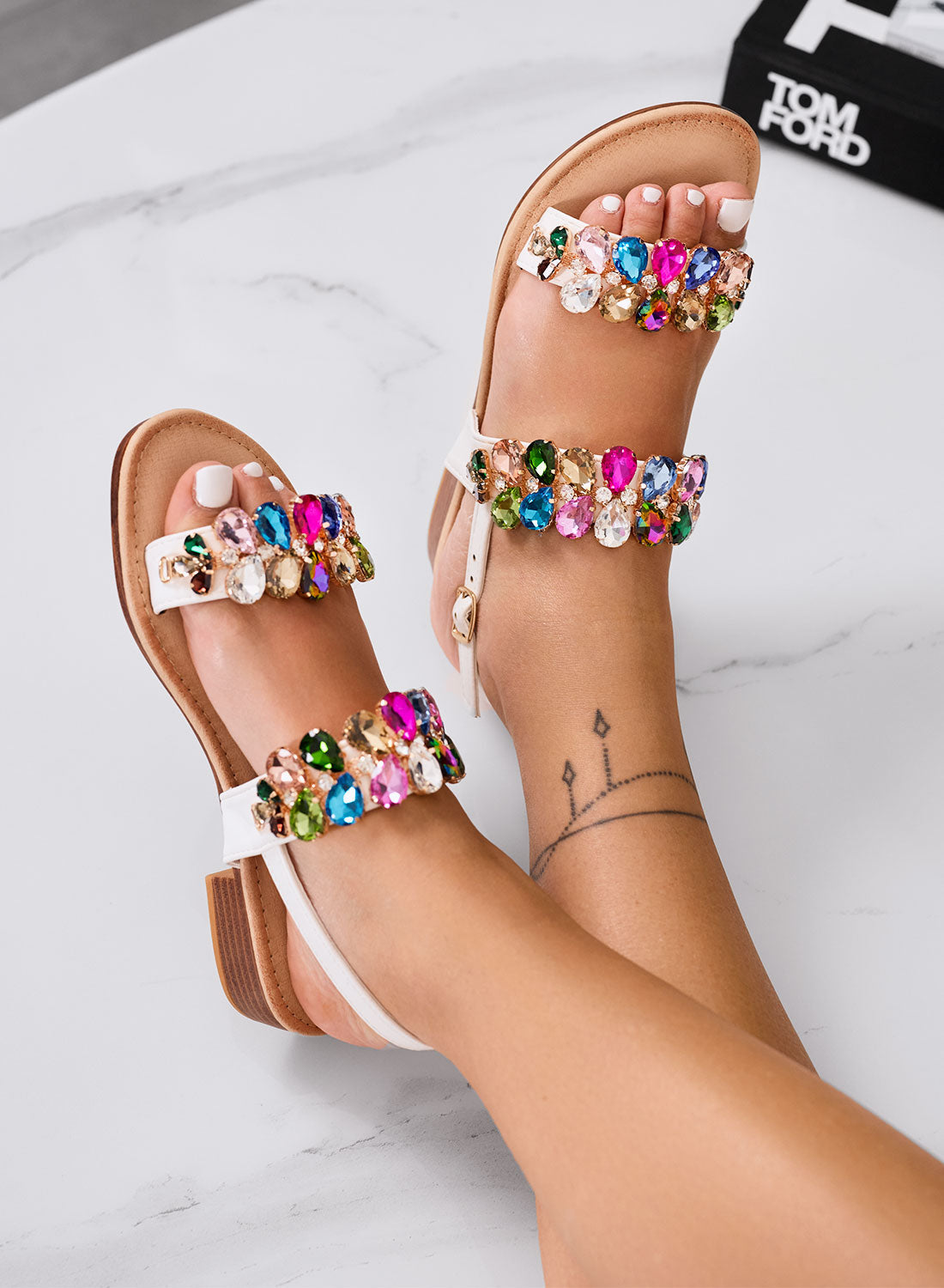 Jasmine - Low White Sandals with Colorful Gemstones and Strap