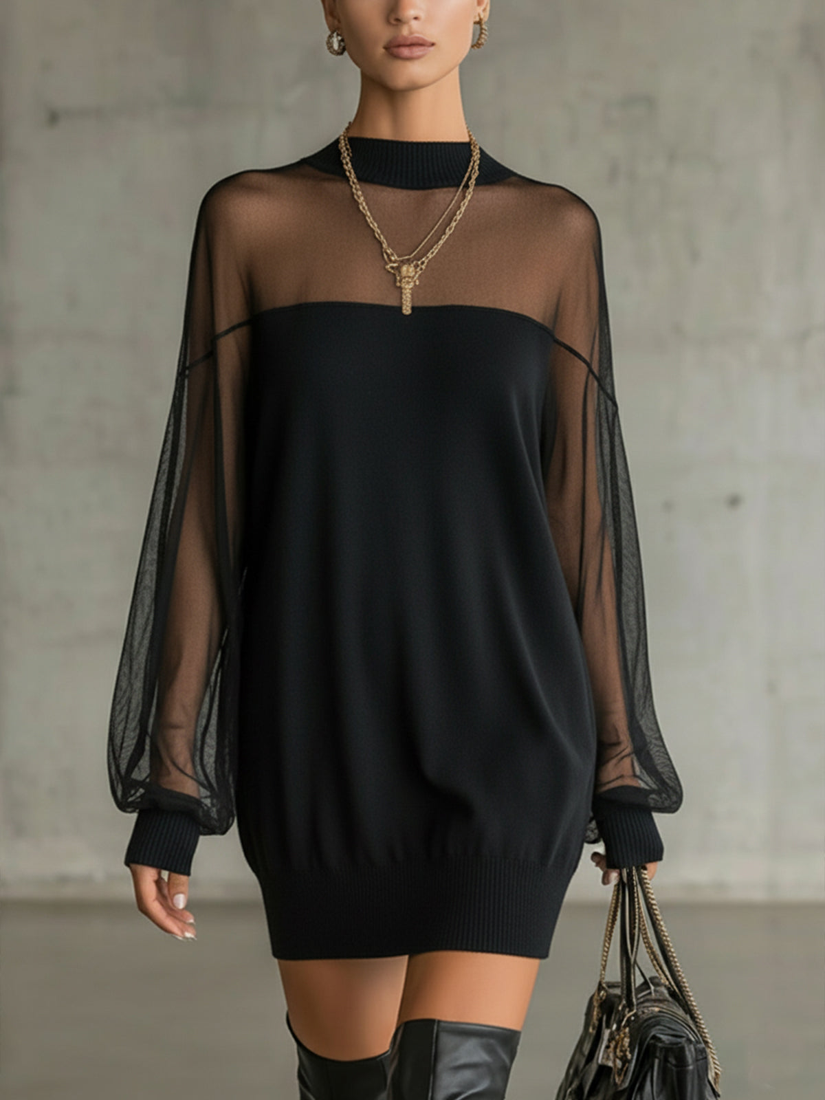 Ameli™ | Elegant Minimalist Black Dress with Mesh Sleeves VIP