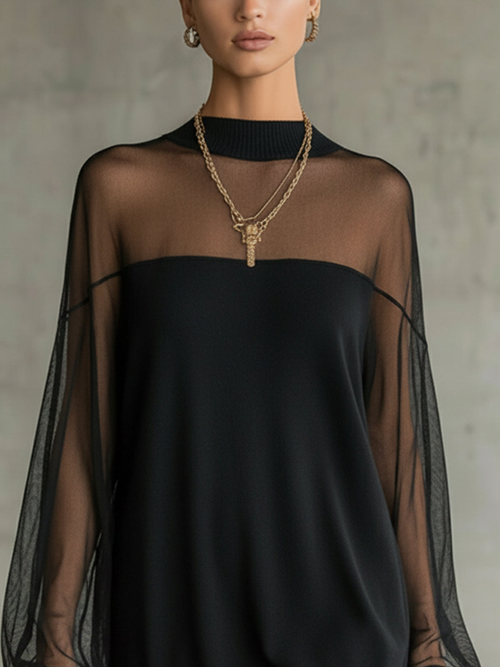 Ameli™ | Elegant Minimalist Black Dress with Mesh Sleeves