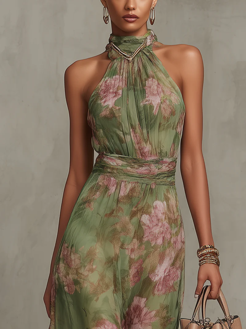 Sarna ∙ Long Green Dress with Flowers in Chiffon and American Neckline