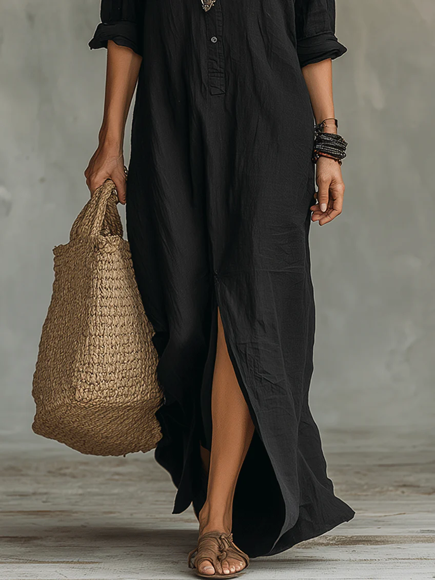 Soline | Long Black Flowy Dress with Buttons