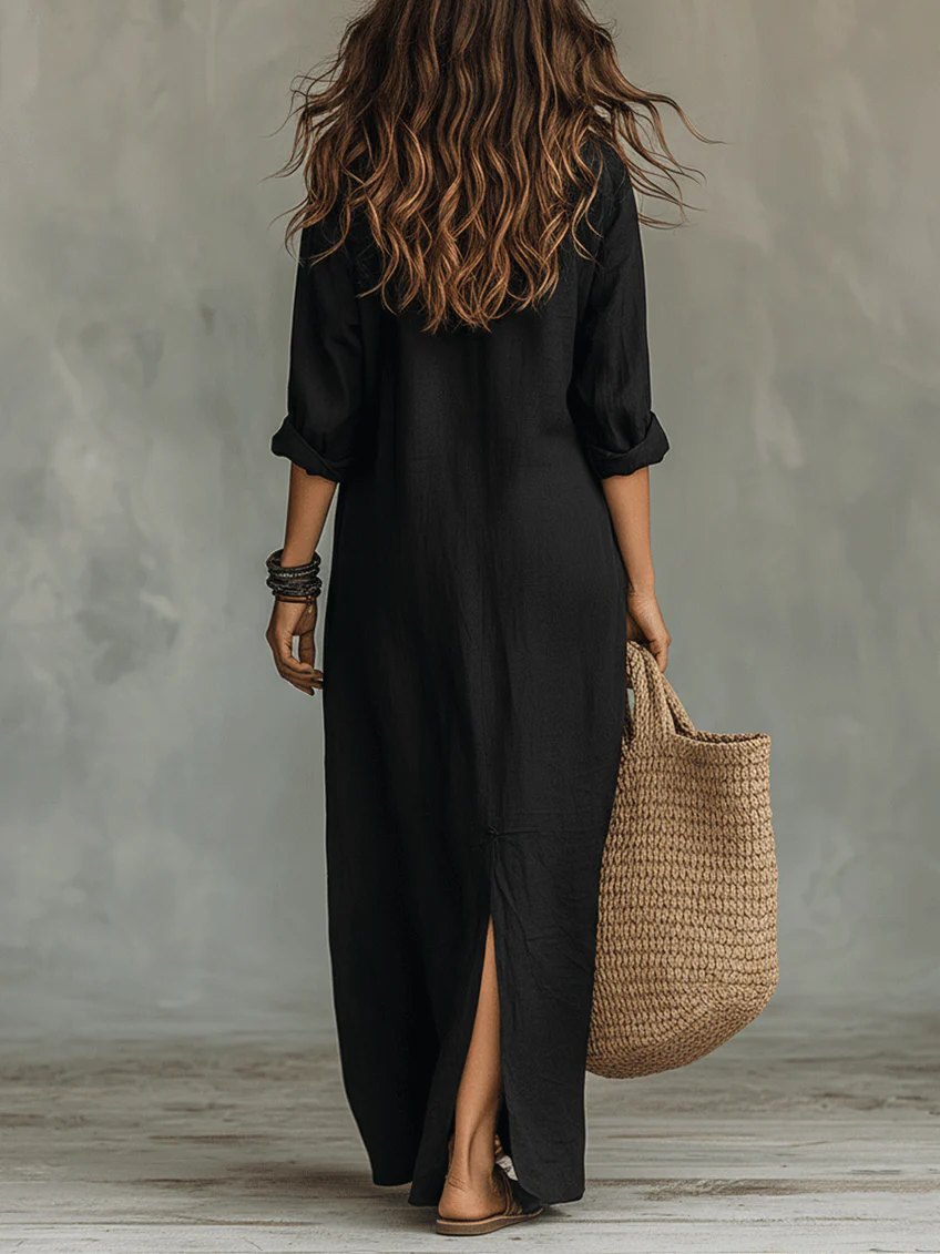 Soline | Long Black Flowy Dress with Buttons