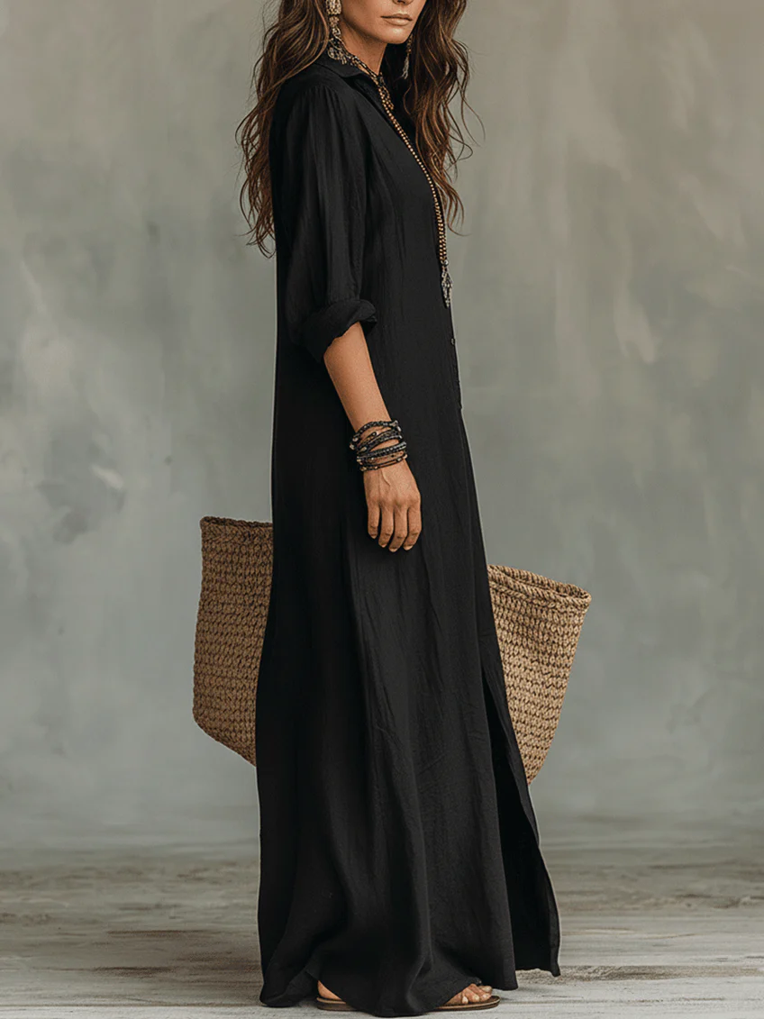 Soline | Long Black Flowy Dress with Buttons