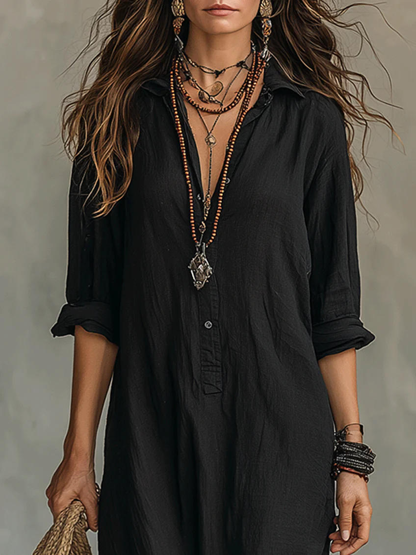 Soline | Long Black Flowy Dress with Buttons