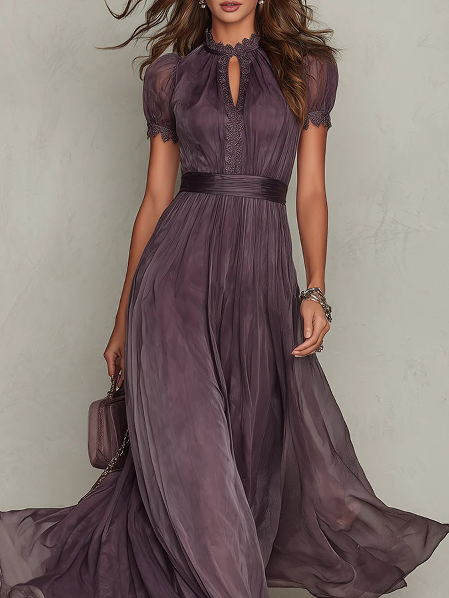 Flavia - Long Purple Dress with Teardrop Cut and Silk Lace Trim