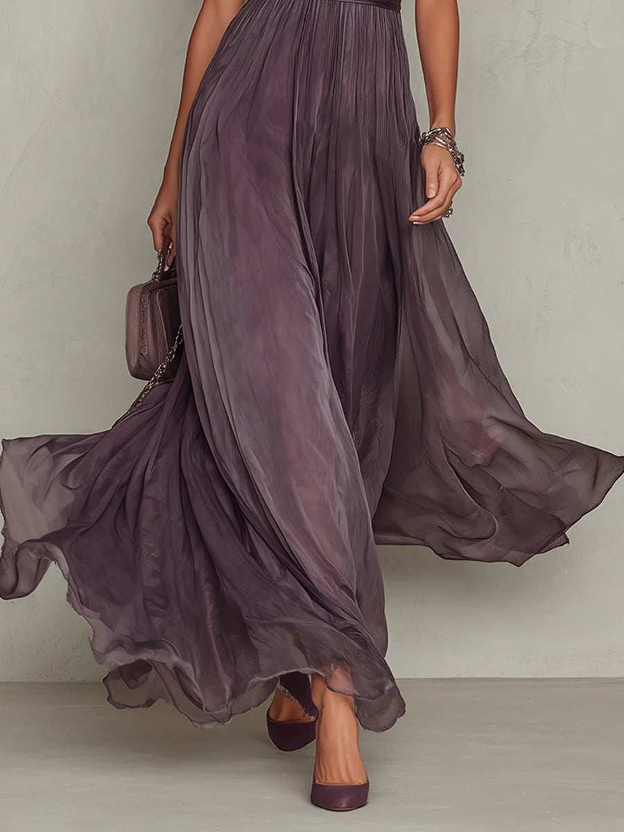 Flavia - Long Purple Dress with a Teardrop Neckline and Silk Lace Trim