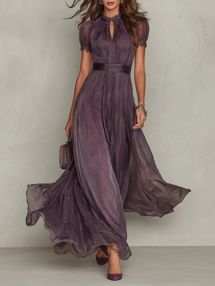 Flavia | Long Purple Dress with Keyhole Cut, Silk Lace Trim