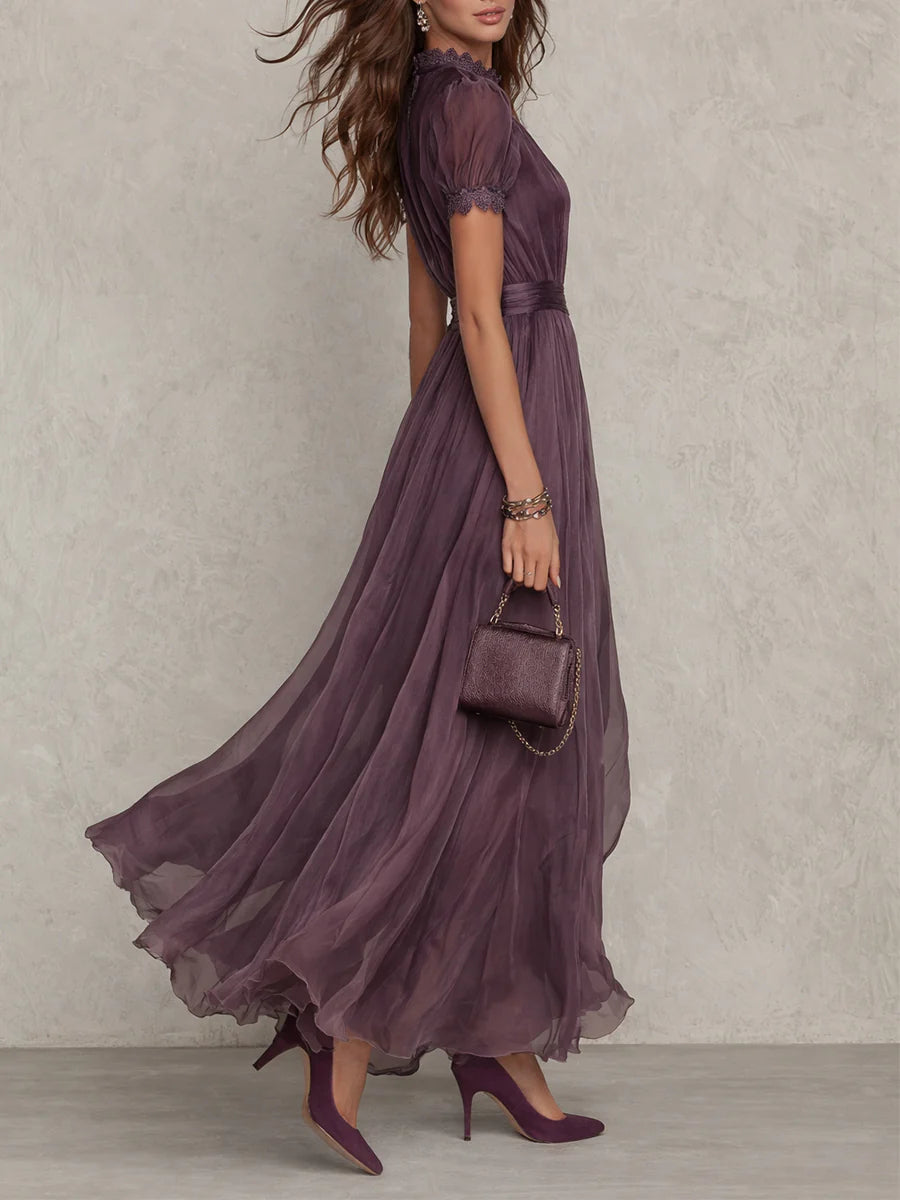 Flavia - Long Purple Dress with Teardrop Neckline and Silk Lace Decoration