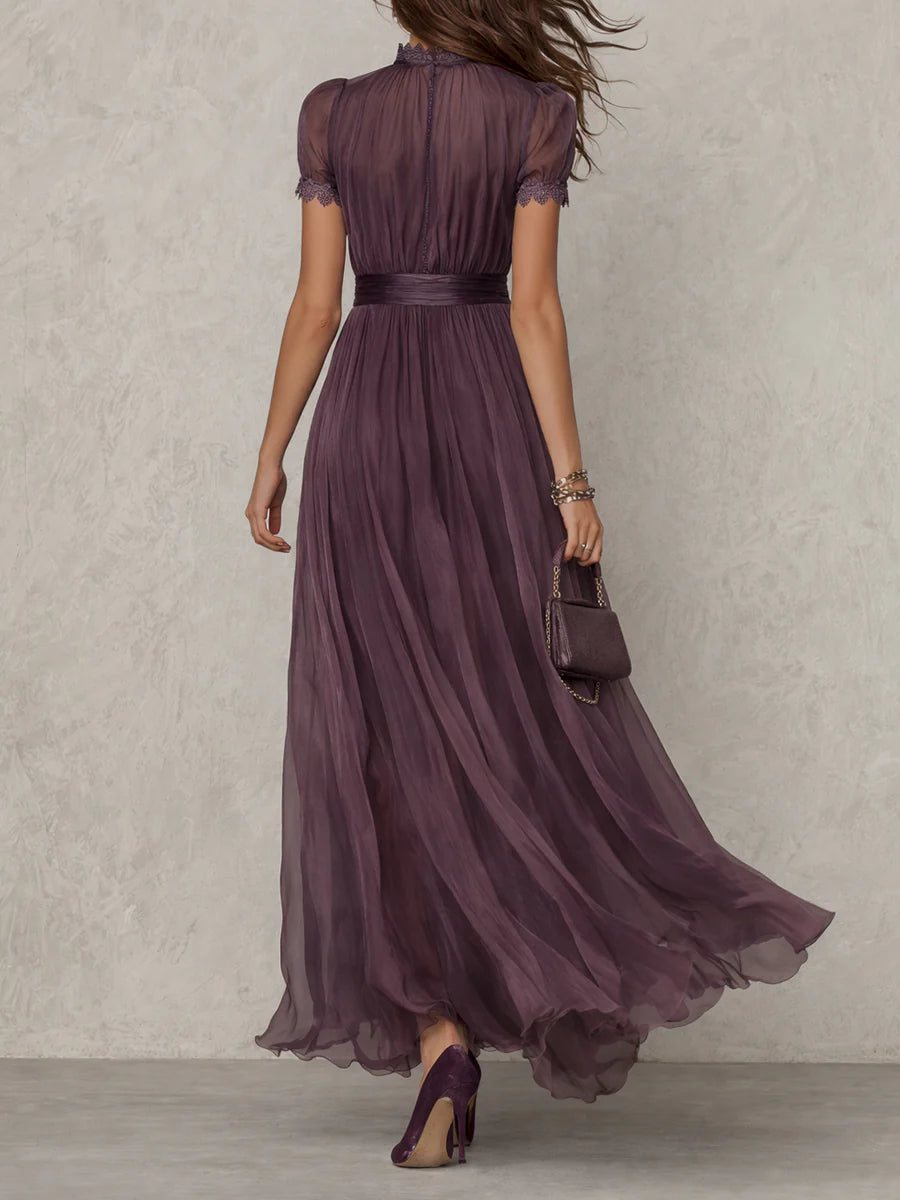 Flavia - Long Purple Dress with Teardrop Neckline and Silk Lace Decoration