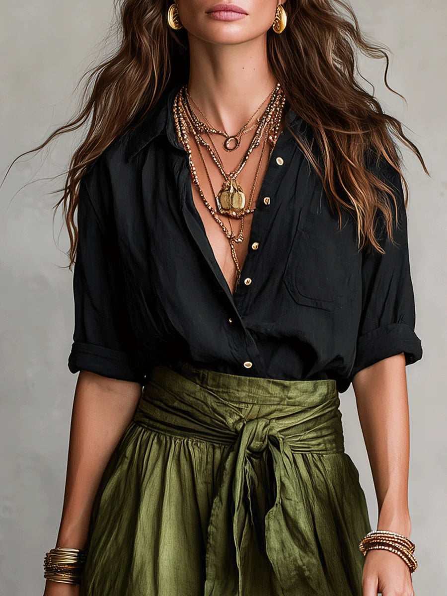 Vera – Two-Piece Set: Black Shirt and Olive Green Midi Skirt