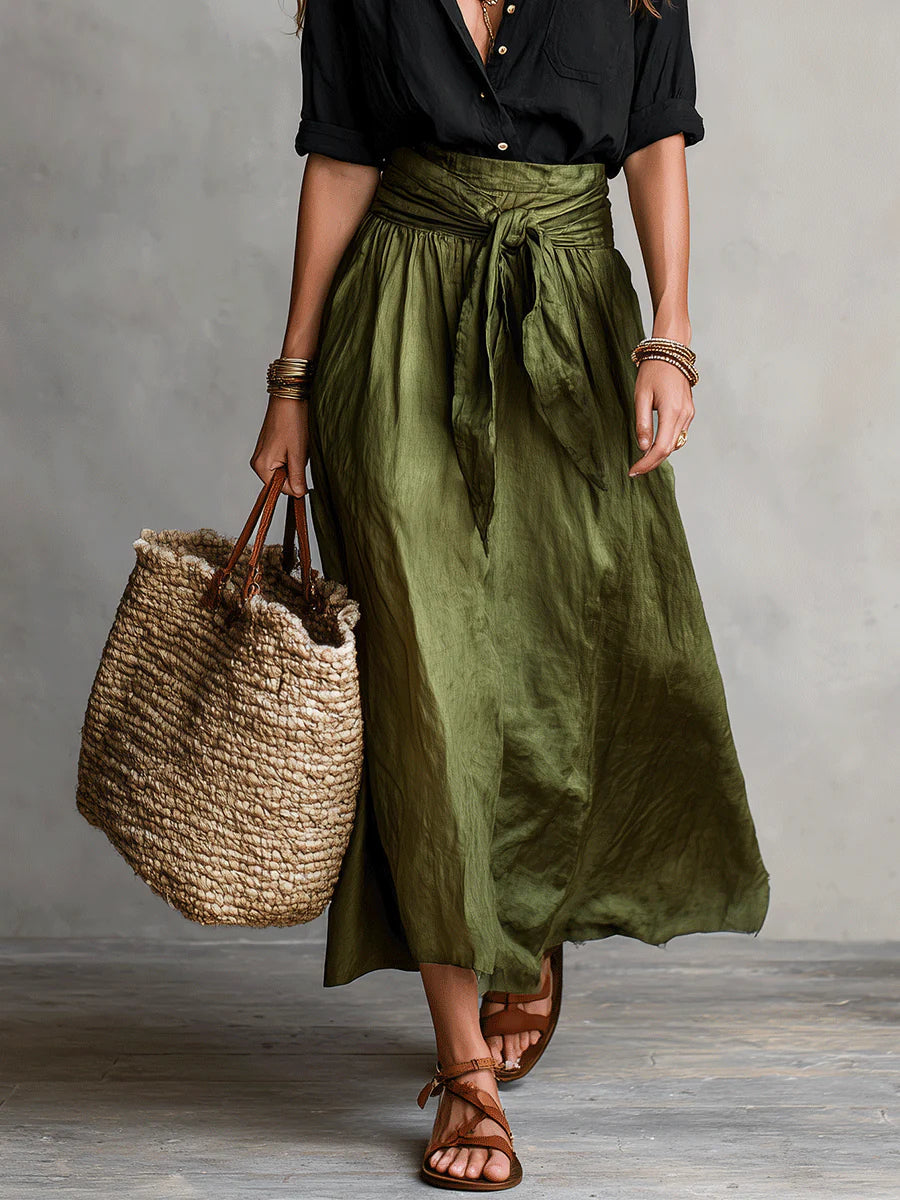 Vera – Two-Piece Set: Black Shirt and Olive Green Midi Skirt