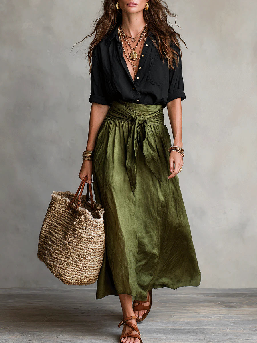 Vera – Two-Piece Set: Black Shirt and Olive Green Midi Skirt