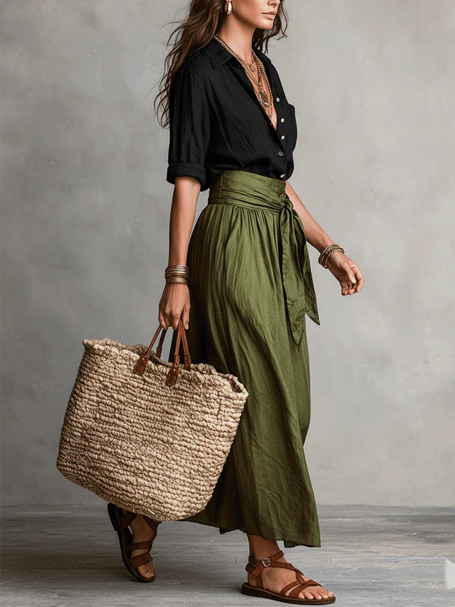 Vera – Two-Piece Set: Black Shirt and Olive Green Midi Skirt