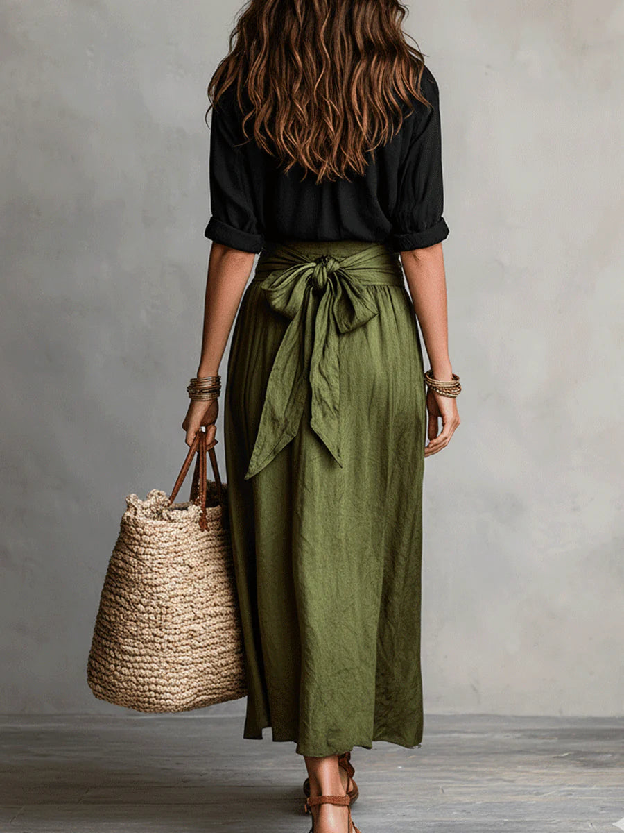 Vera – Two-Piece Set: Black Shirt and Olive Green Midi Skirt