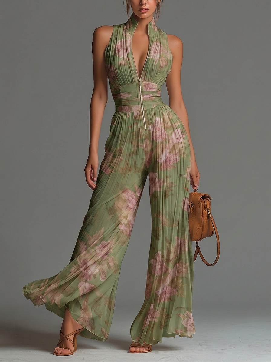 Green floral print jumpsuit with a V-neck, sleeveless, with a zipper and pleats, wide leg