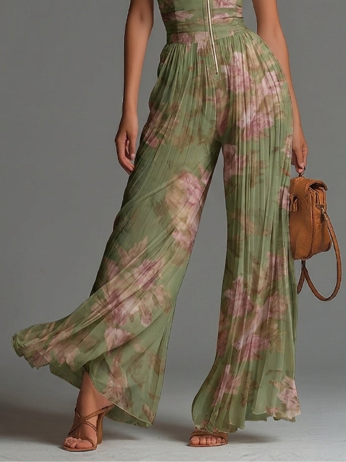 Green floral print jumpsuit with a V-neck, sleeveless, with a zipper and pleats, wide leg