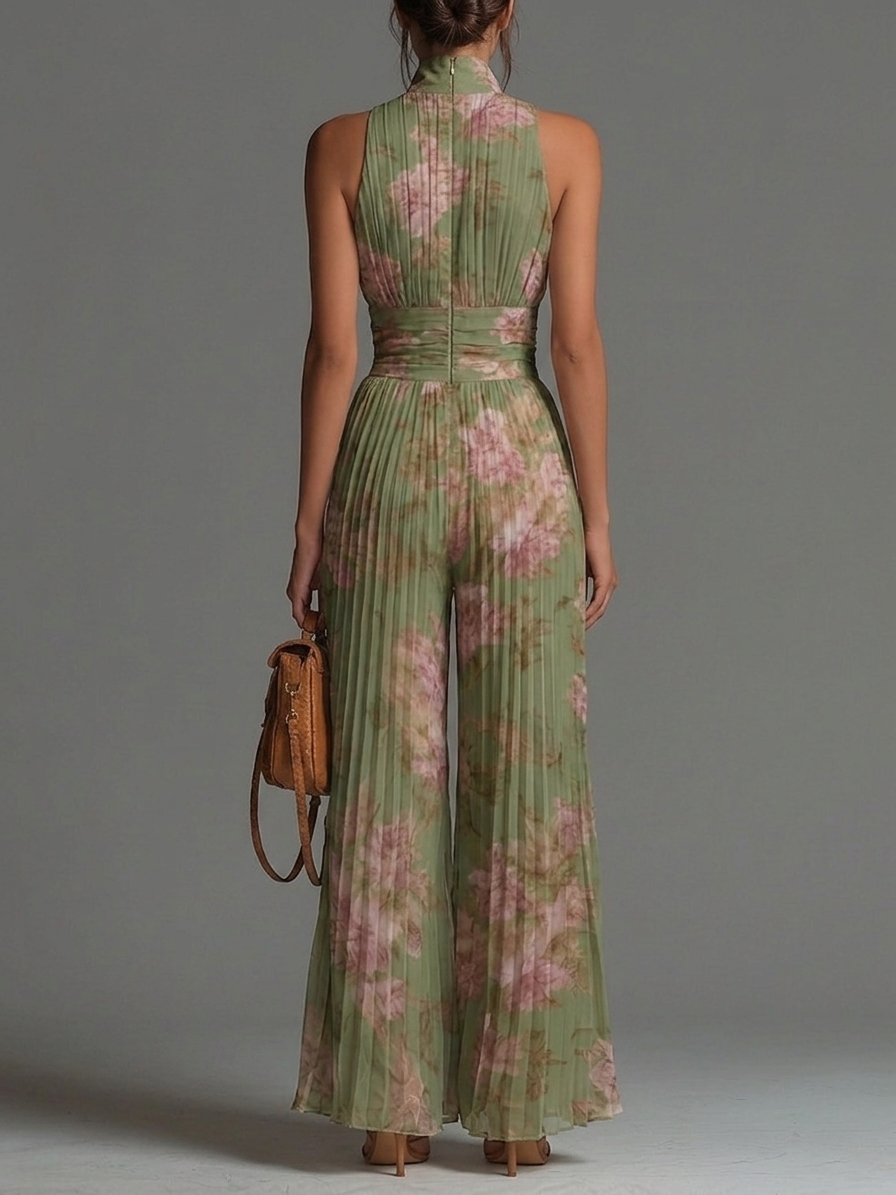Green floral print jumpsuit with a V-neck, sleeveless, with a zipper and pleats, wide leg