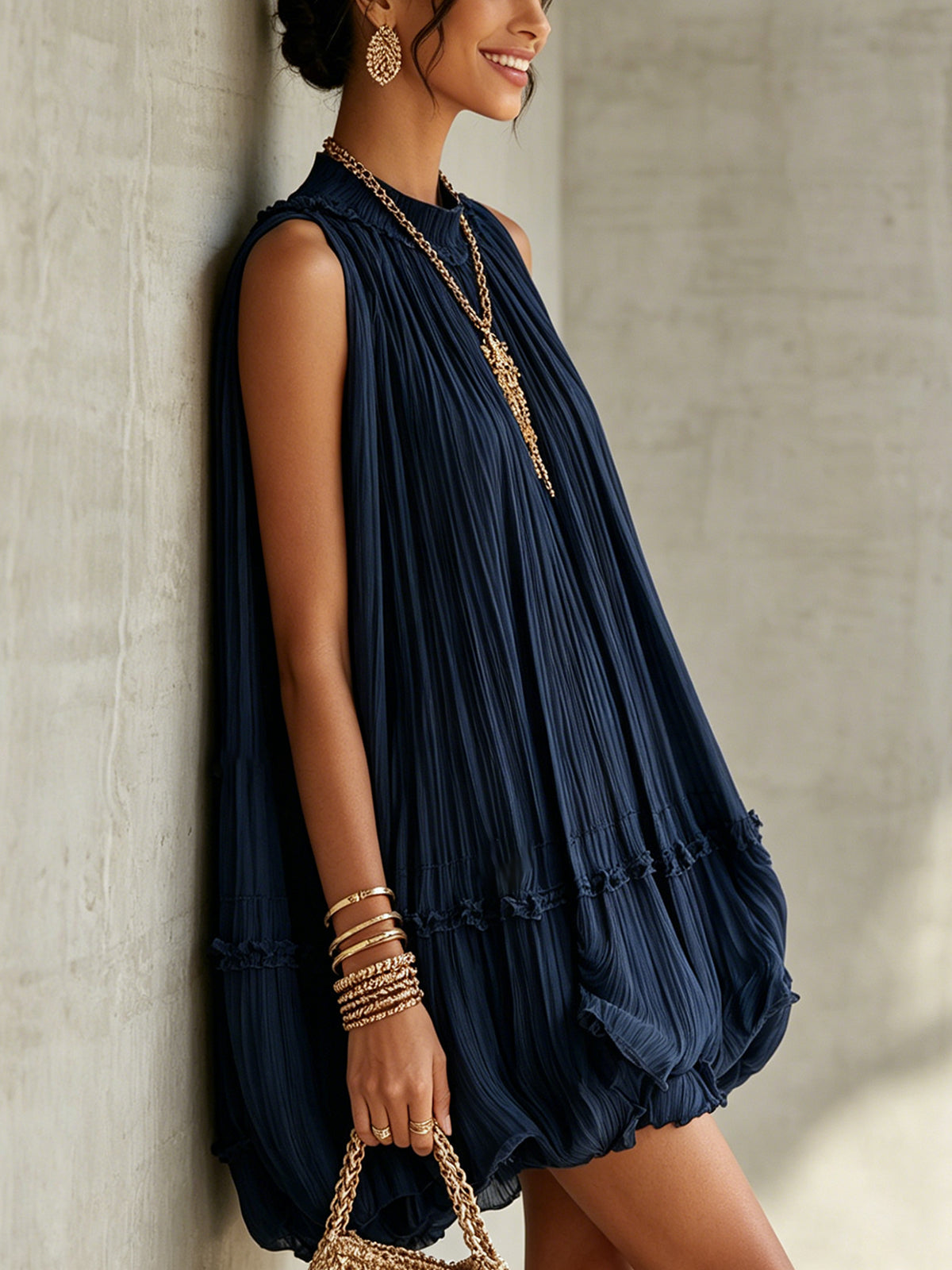 Kamila | Silk Mini Dress with American Collar and Balloon Skirt