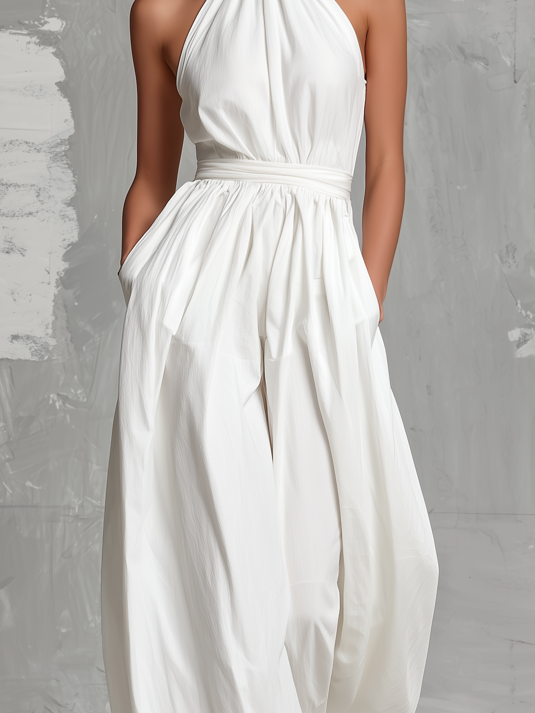 Elegant Summer Dress for Women in White, with Sleeveless Halter Neck MDZ0554A3AN