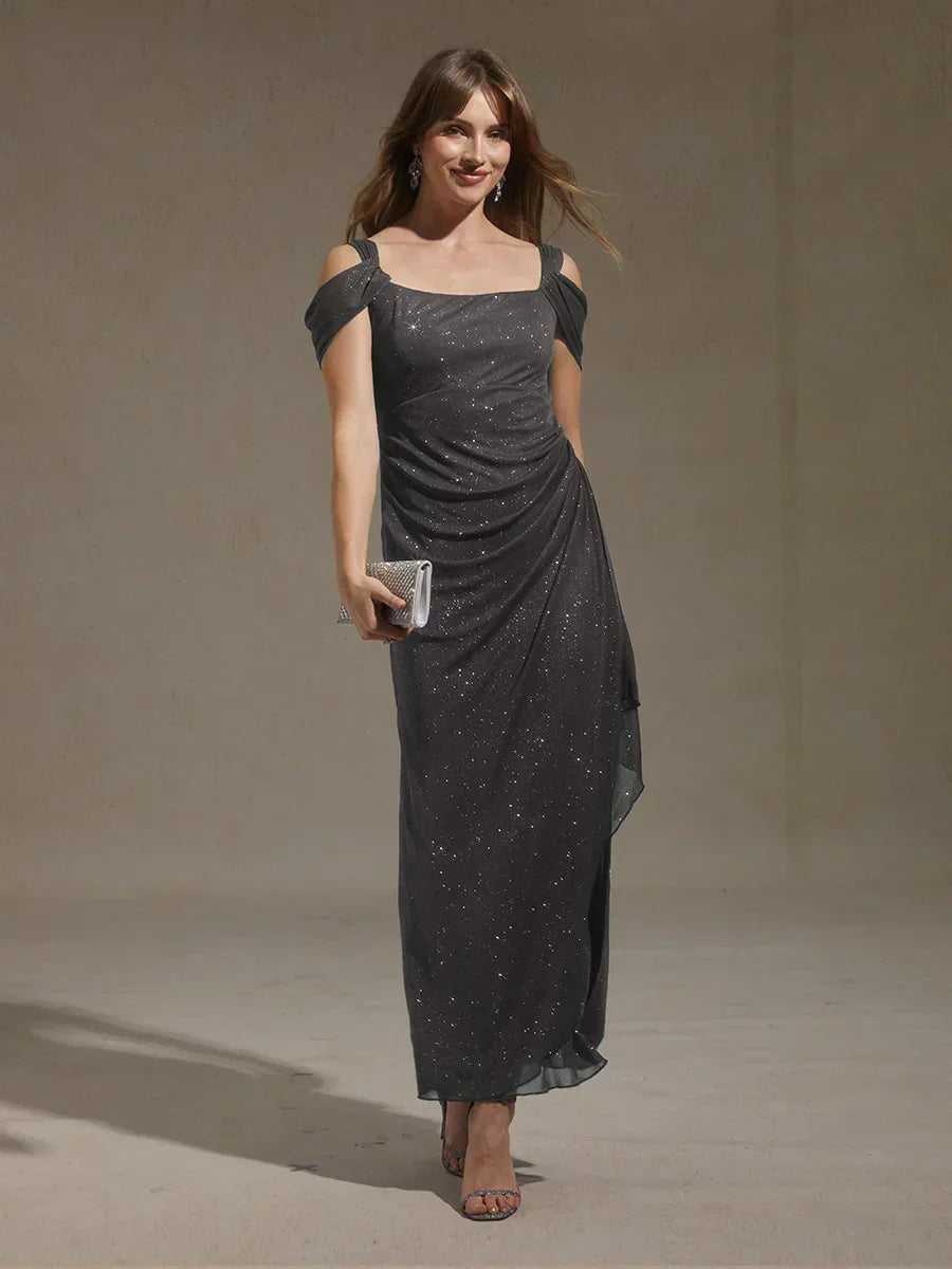 Sparkling Mesh Ankle-Length Dresses with Off-Shoulder Sleeves