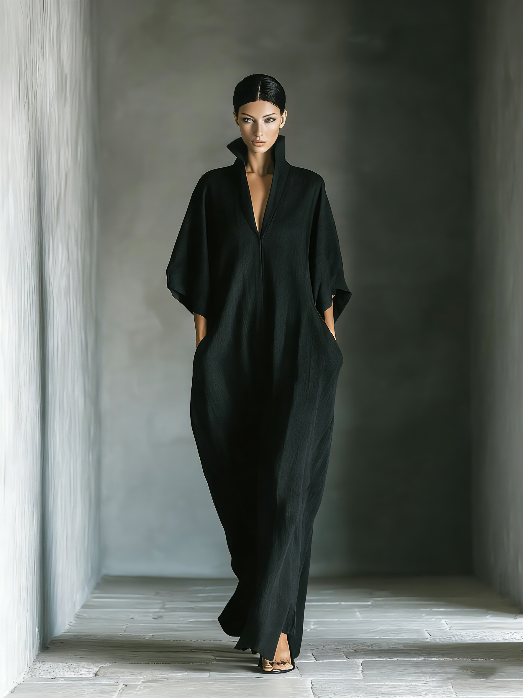 Maxi Dress with Wide Kimono Sleeves for Women in Black Cotton Fabric with Pockets MDZ0577A3T