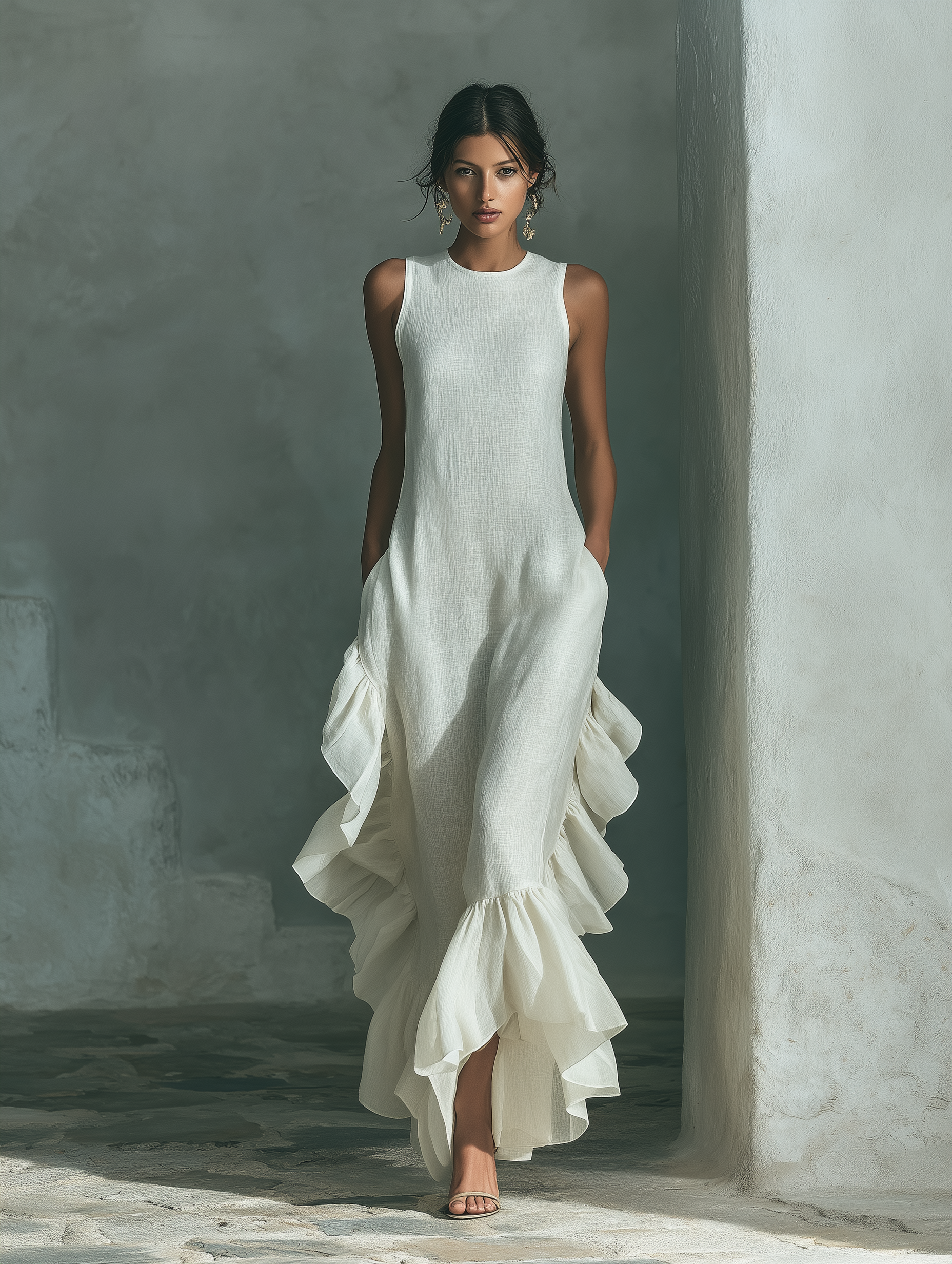 Sleeveless Maxi Dress in Ivory Linen with Round Neck and Fringes MDZ0973B9T