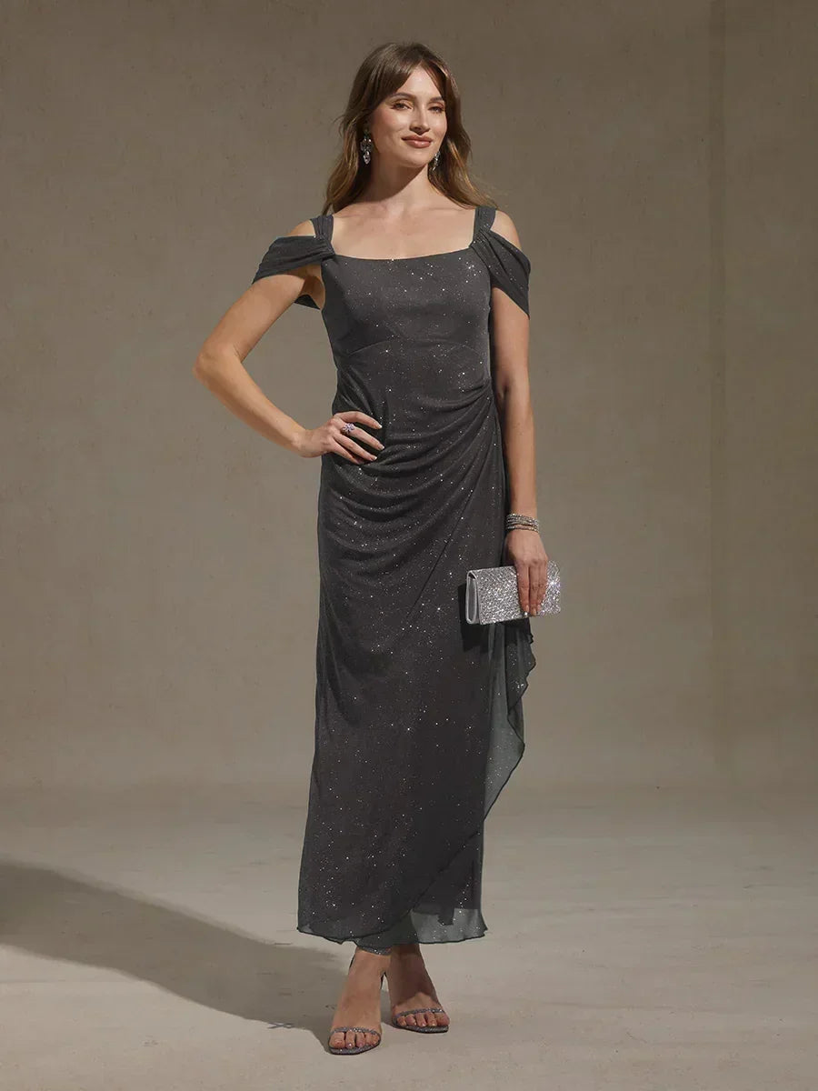 Sparkling Mesh Ankle-Length Dresses with Off-Shoulder Sleeves