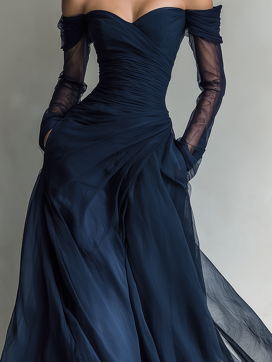 Maxi Dresses for Women in Dark Blue, Made of Organza Silk, with Long Sleeves and Off-the-Shoulder MDA1711L9AN