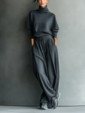 Large Top Set with Turtleneck and Wide Pants for Women in Anthracite Knit Fabric MDA2435L7T