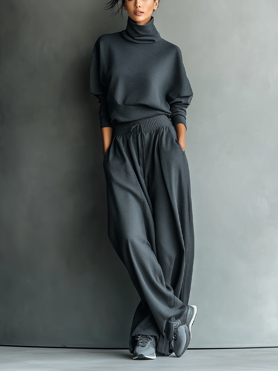 Large Top Set with Turtleneck and Wide Pants for Women in Anthracite Knit Fabric MDA2435L7T