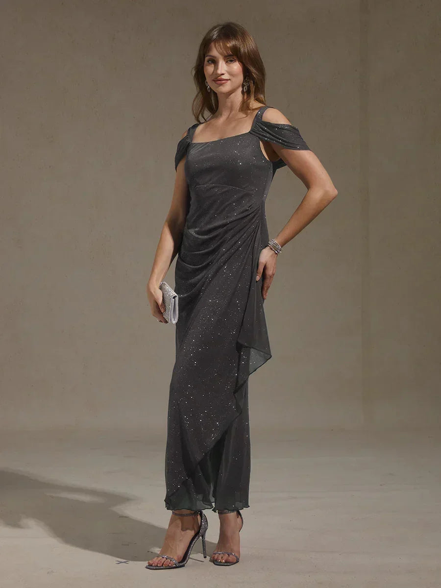 Sparkling Mesh Ankle-Length Dresses with Off-Shoulder Sleeves