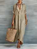 Maxi dresses with short sleeves made of designed linen for women