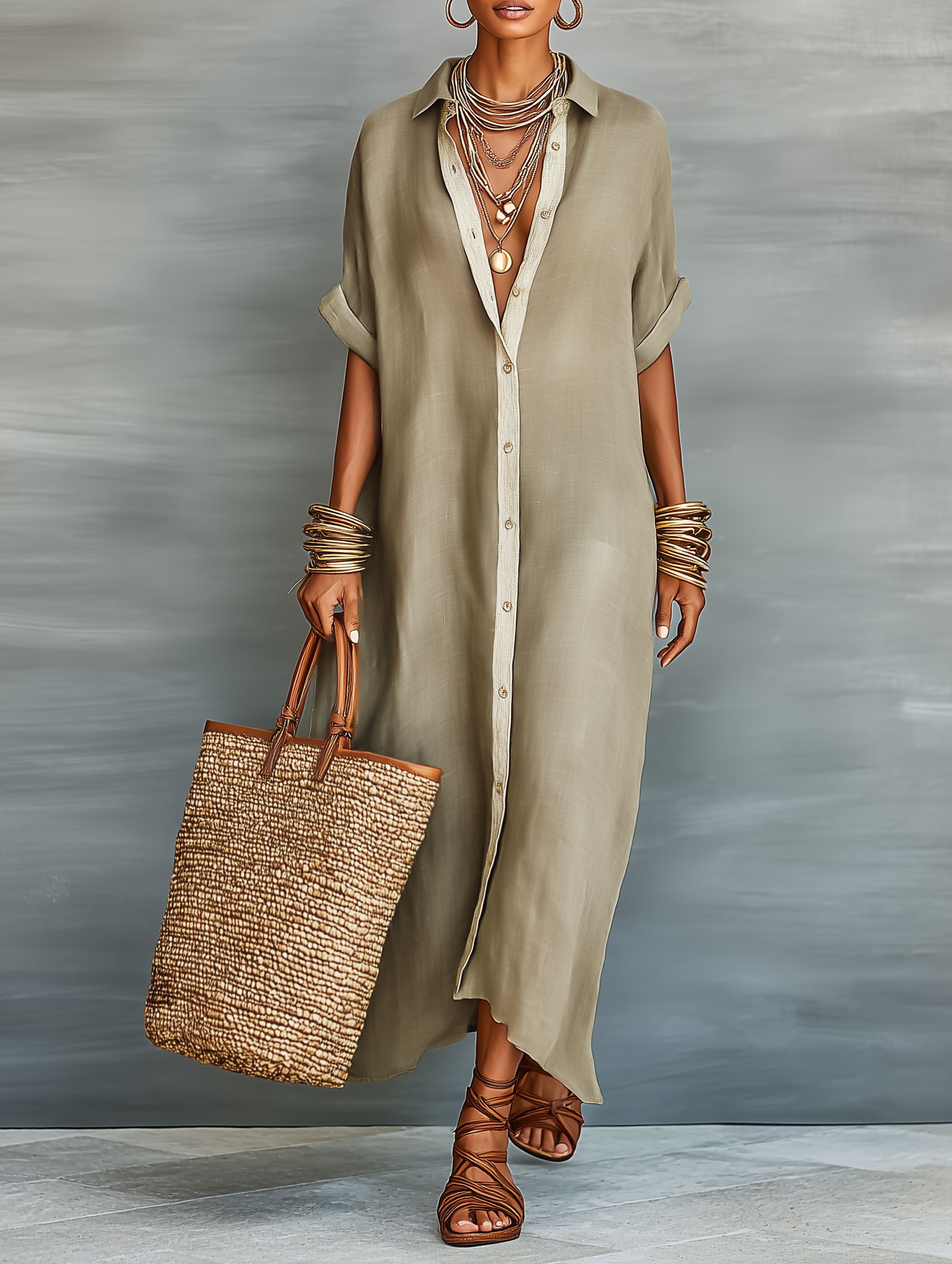 Short Maxi Dress with Short Sleeves Made of Mixed Linen for Women MDZ0647A2Y