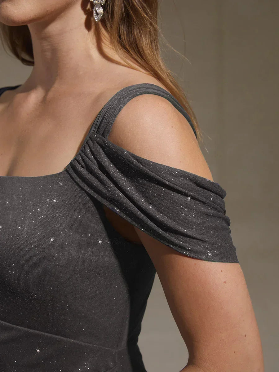 Sparkling Mesh Ankle-Length Dresses with Off-Shoulder Sleeves