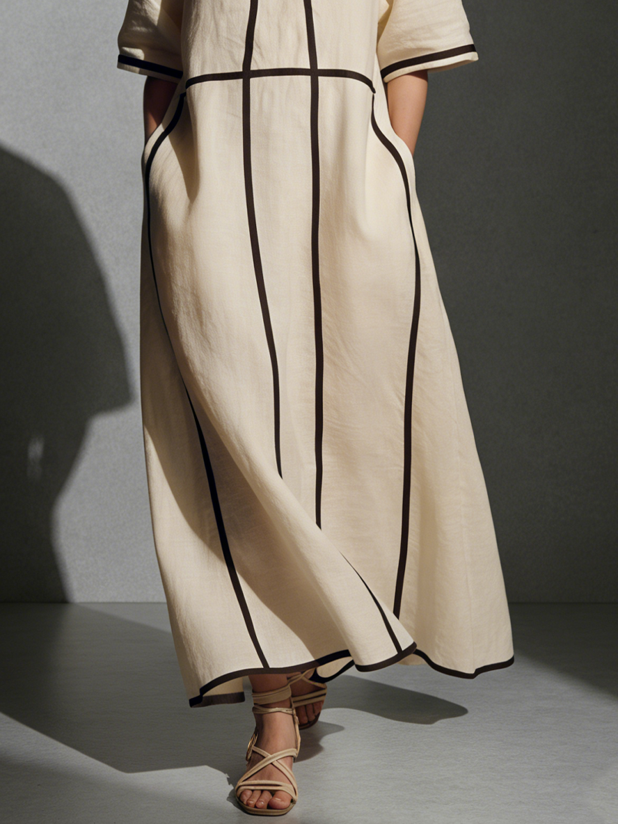 Maxi Dress with Stand Collar, Short Sleeves, Pockets, and Contrasting Stripes, Made of Modern Linen Blend for Women in Beige MDA2924L4AU