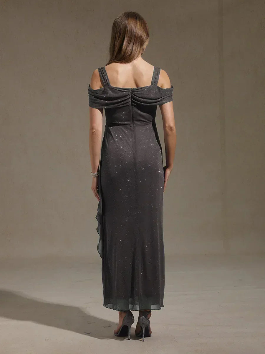 Sparkling Mesh Ankle-Length Dresses with Off-Shoulder Sleeves