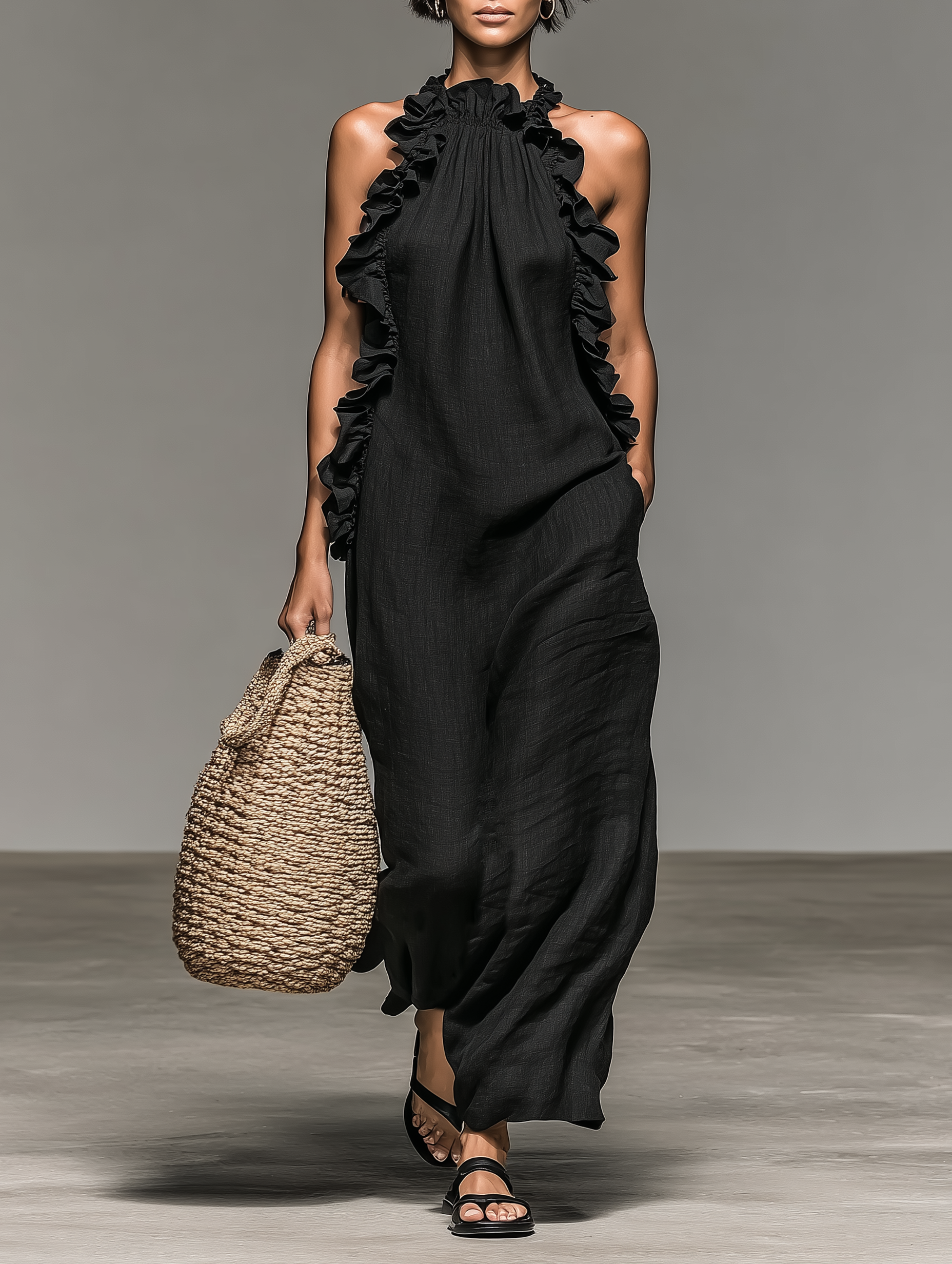 Sleeveless Maxi Dresses Made of Minimalist Linen Fabric with Ruffle Details
