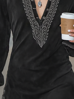 Mini dress with embroidered shirt collar made of synthetic leather for women in vintage style MDA1807I4Y
