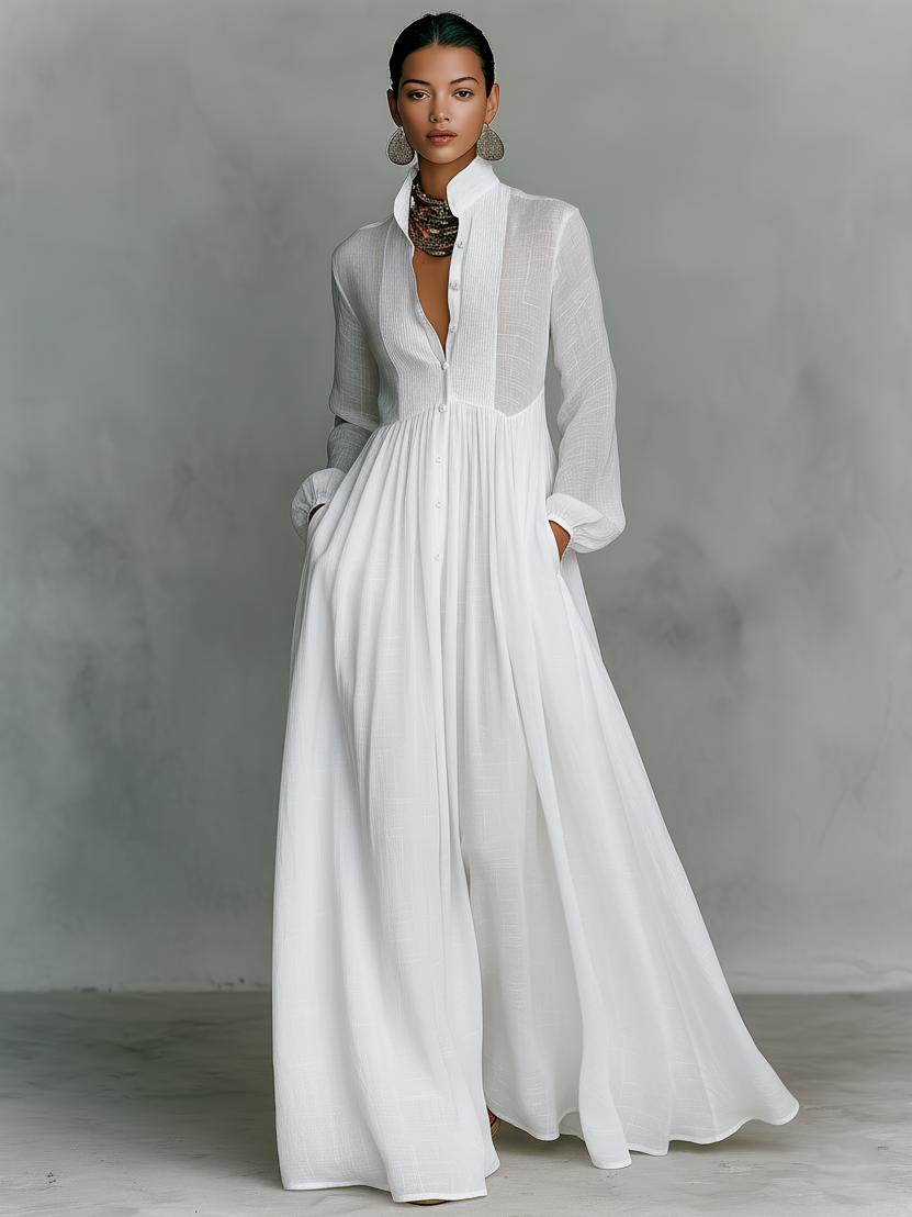 Minimalist Maxi Dresses for Women in Cotton and White with Patchwork, One Button, Stand Collar, and Long Sleeves MDA0658K6Y