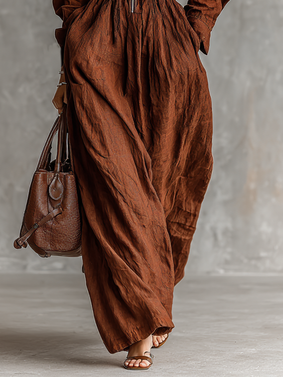 Women's Cotton and Linen Maxi Dresses with Zipper and Elastic Waist MDA1964H8Y